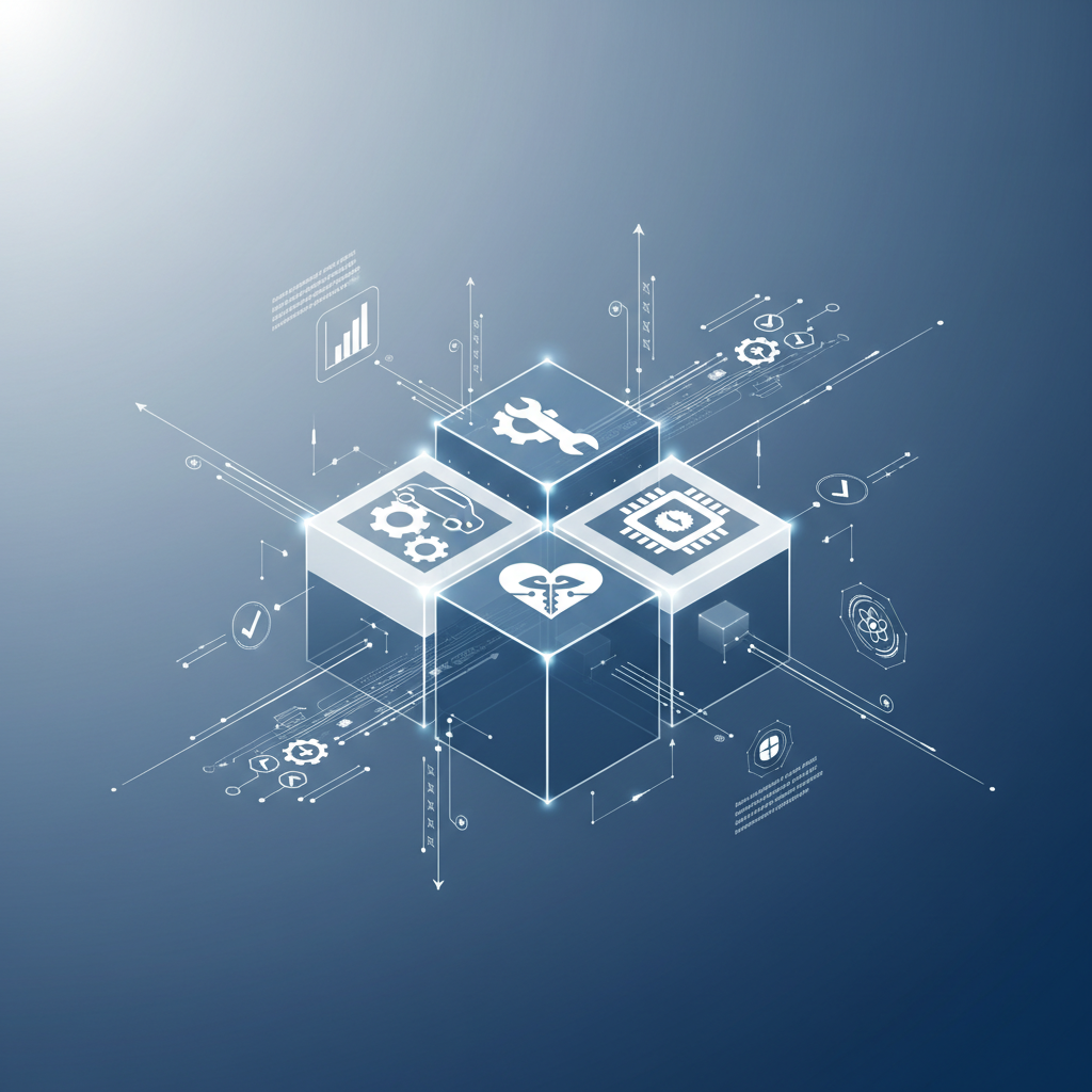 Darstellung verschiedener technischer Branchen wie Maschinenbau, Automobilindustrie, Medizintechnik und Elektronik, verbunden durch strukturierte Prozesse und Qualitätsmanagement-Symbole