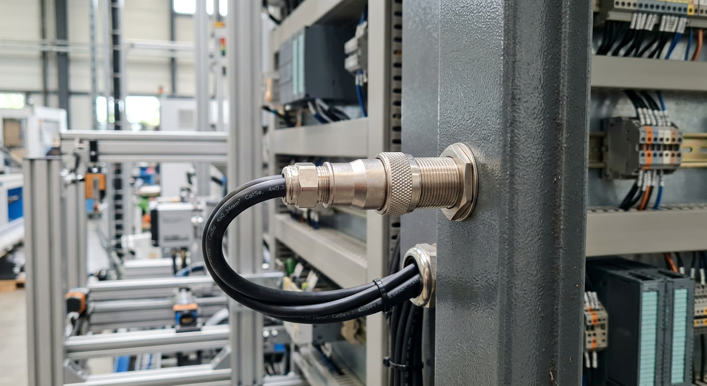 Nahaufnahme eines M12-Steckverbinders an einem Schaltschrank in einer industriellen Automatisierungsanlage mit professioneller Kabelführung und robuster Installation.