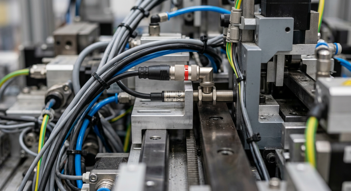 Industriesensor mit angeschlossenem M8-Steckverbinder in einer kompakten Automatisierungsanlage mit begrenztem Einbauraum und platzsparender Kabelführung.