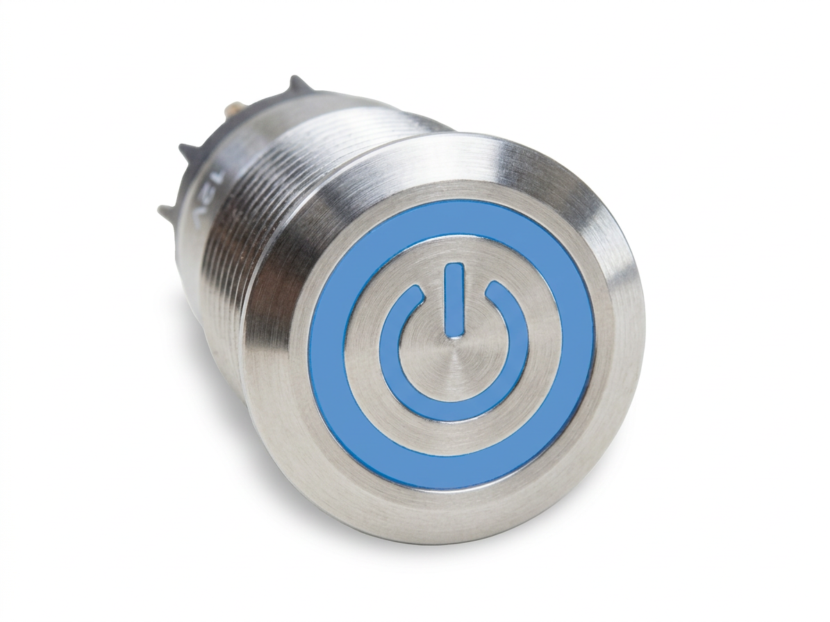 CMI25 19mm Edelstahl Schalter (rastend) Flach, Standby Symbol mit Ringbeleuchtung Blau