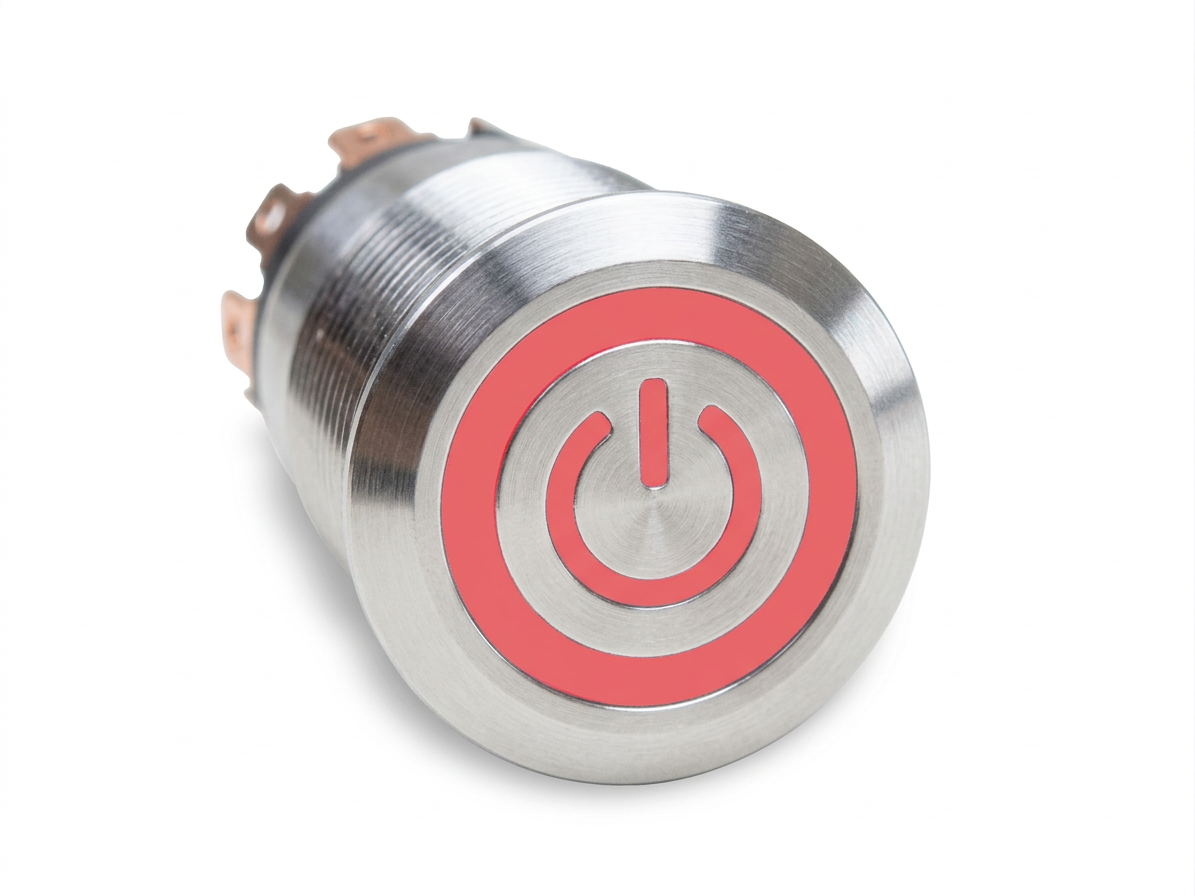 CMI25 19mm Edelstahl Schalter (rastend) Flach, Standby Symbol mit Ringbeleuchtung Rot