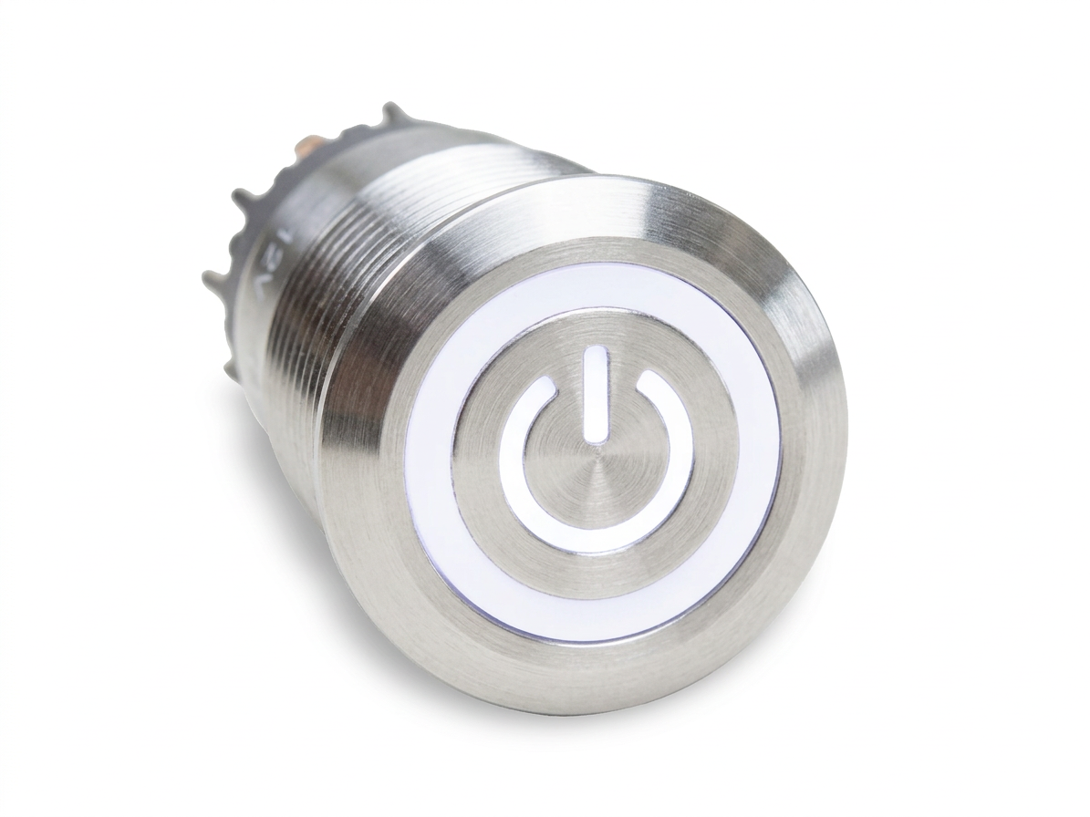 CMI25 19mm Edelstahl Schalter (rastend) Flach, Standby Symbol mit Ringbeleuchtung Weiss