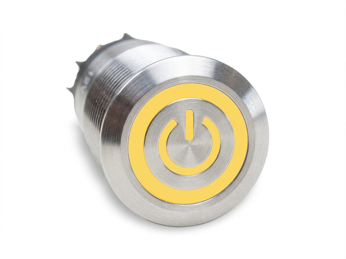 CMI25 19mm Edelstahl Schalter (rastend) Flach, Standby Symbol mit Ringbeleuchtung Gelb