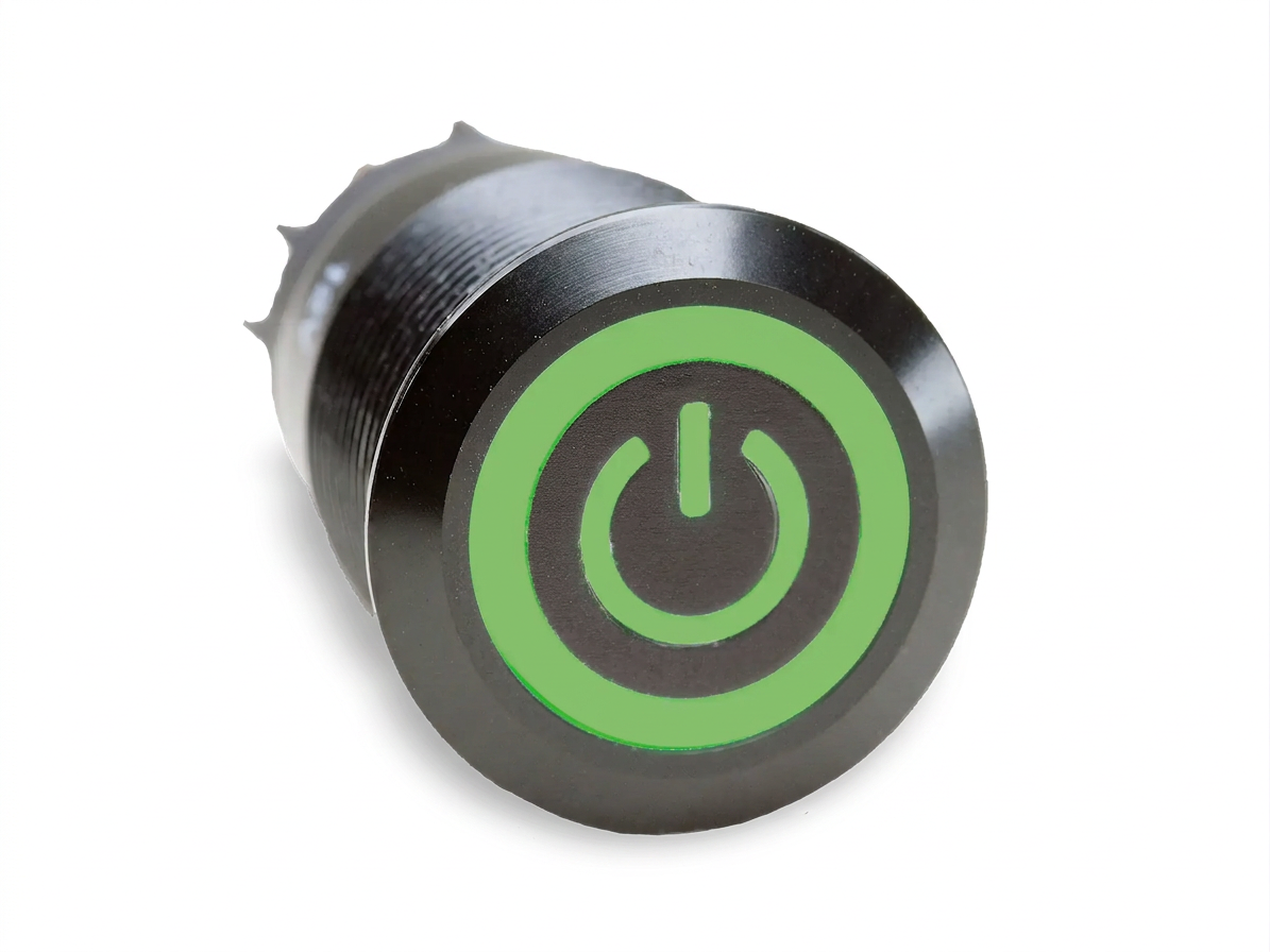 CMI25 19mm Aluminium Schalter (rastend) Flach, Standby Symbol mit Ringbeleuchtung Grün