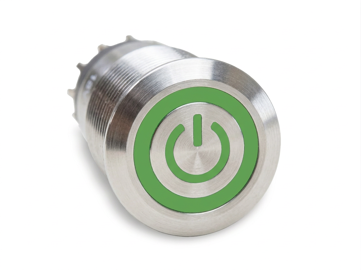 CMI25 19mm Edelstahl Schalter (rastend) Flach, Standby Symbol mit Ringbeleuchtung Grün