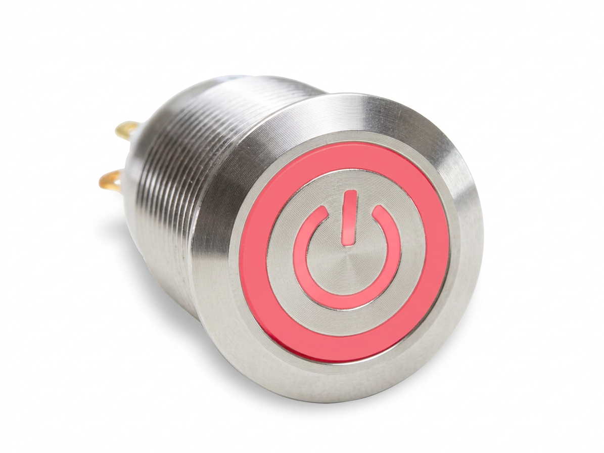 CMI25 19mm Edelstahl Schalter (rastend) Flach, Standby Symbol mit Ringbeleuchtung Rot
