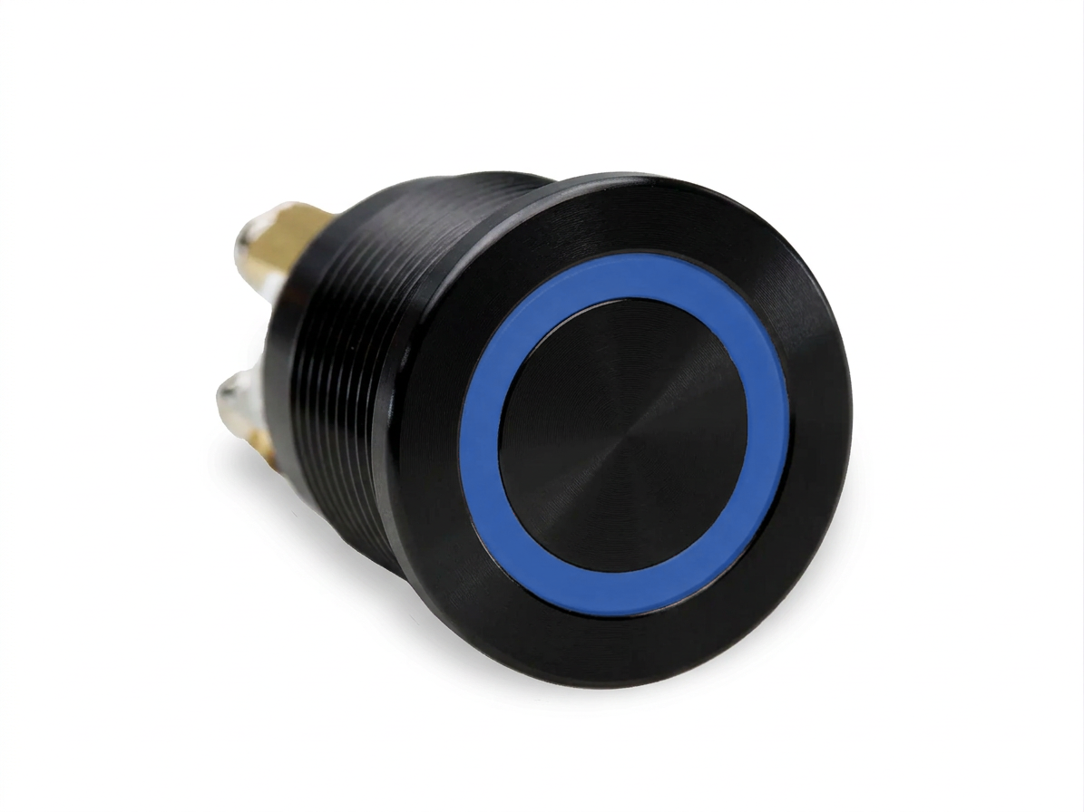 CMI21 19mm Aluminium Taster Flach, Ringbeleuchtung Blau