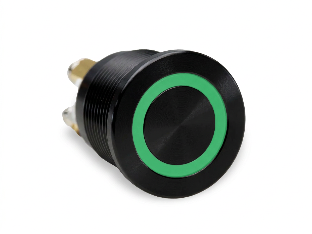 CMI21 19mm Aluminium Taster Flach, Ringbeleuchtung Grün
