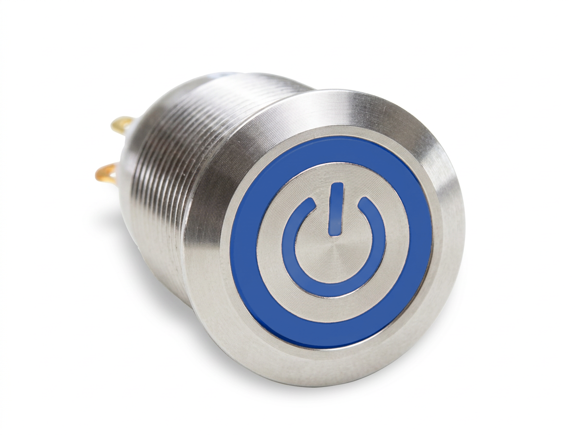 CMI25 19mm Edelstahl Schalter (rastend) Flach, Standby Symbol mit Ringbeleuchtung Blau