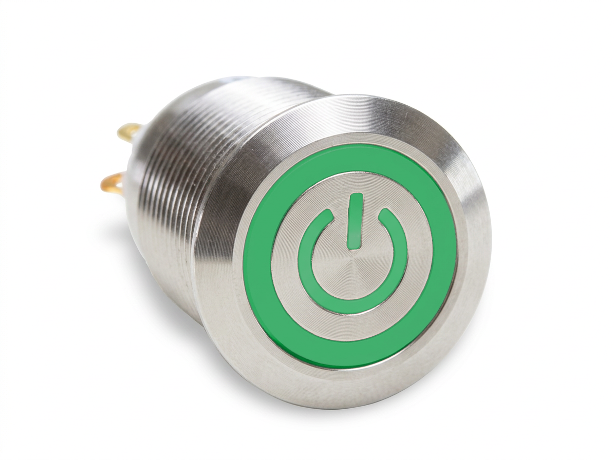 CMI25 19mm Edelstahl Schalter (rastend) Flach, Standby Symbol mit Ringbeleuchtung Grün