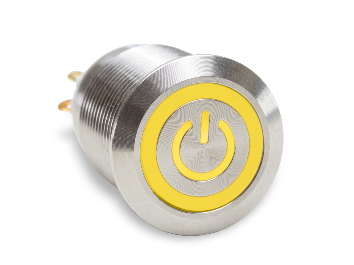CMI25 19mm Edelstahl Schalter (rastend) Flach, Standby Symbol mit Ringbeleuchtung Gelb