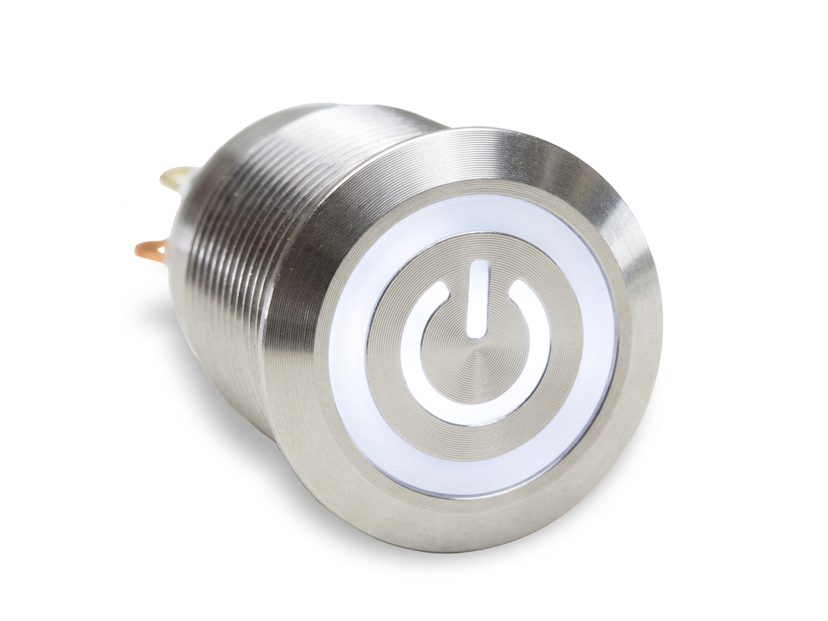 CMI25 19mm Edelstahl Schalter (rastend) Flach, Standby Symbol mit Ringbeleuchtung Weiss