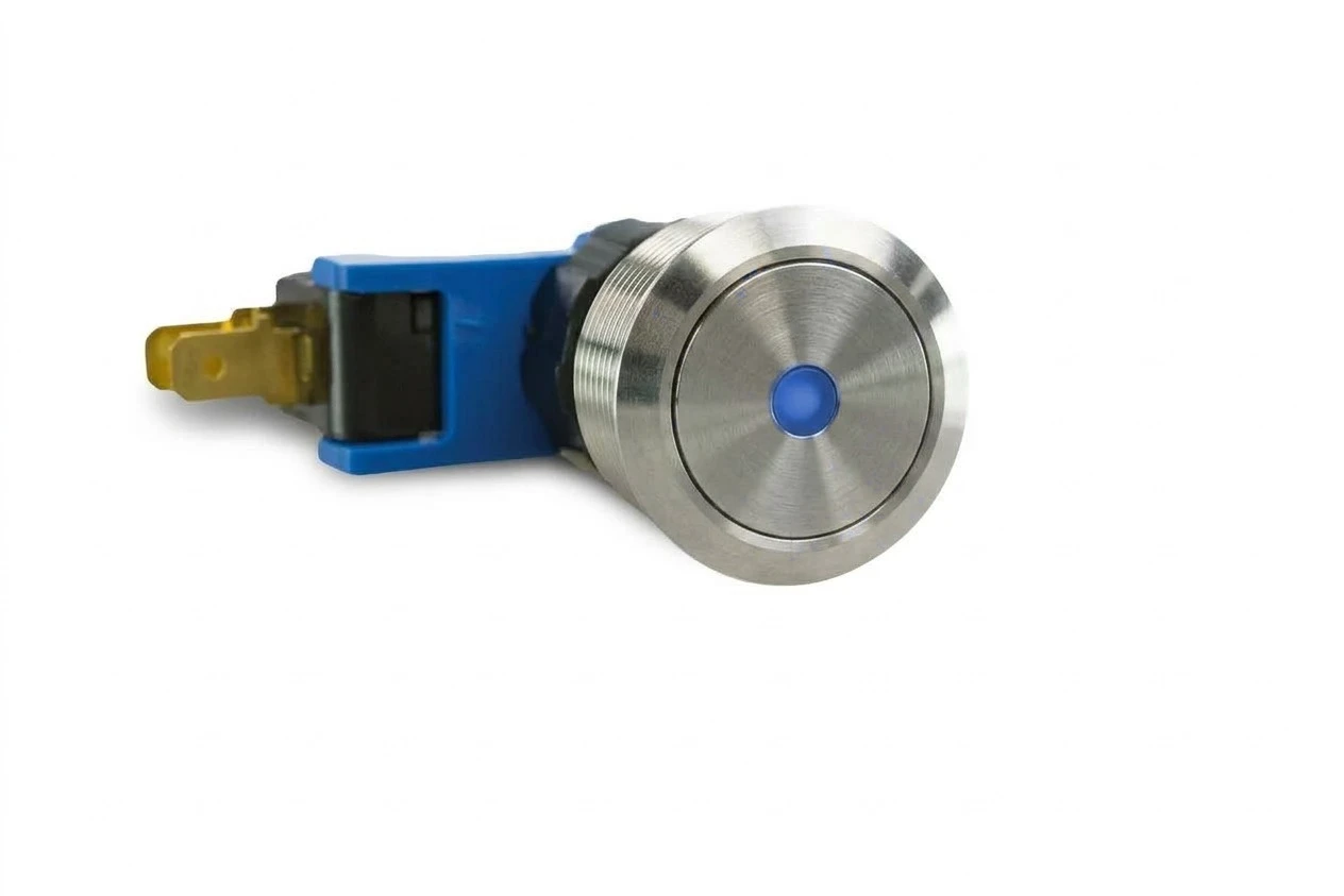 CMI27 19mm Taster Edelstahl Flach, Punktbeleuchtung Blau/Rot bipolar