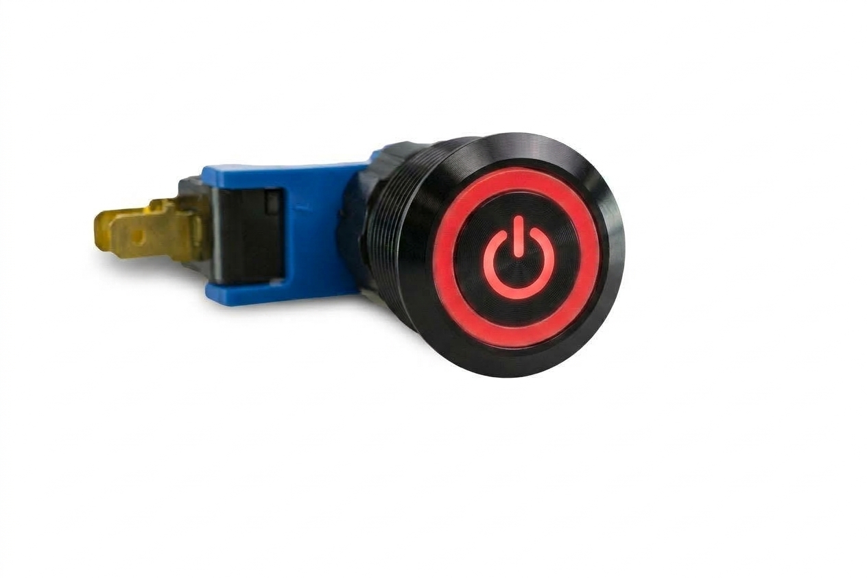 CMI27 19mm Schalter (rastend) Aluminium Flach, Standby Symbol mit Ringbeleuchtung Rot