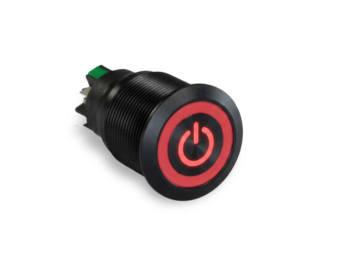 CMI35 22mm Aluminium Taster Flach, Standby Symbol mit Ringbeleuchtung Rot