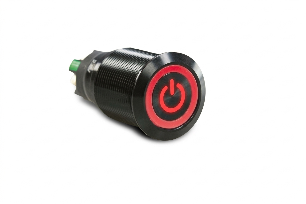 CMI35 22mm Aluminium Schalter (rastend) Flach, Standby Symbol mit Ringbeleuchtung Rot