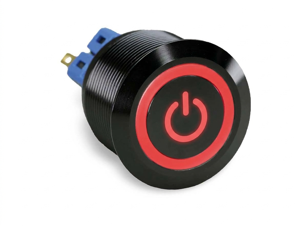 CMI40 25mm Aluminium Taster Flach, Standby Symbol mit Ringbeleuchtung Rot