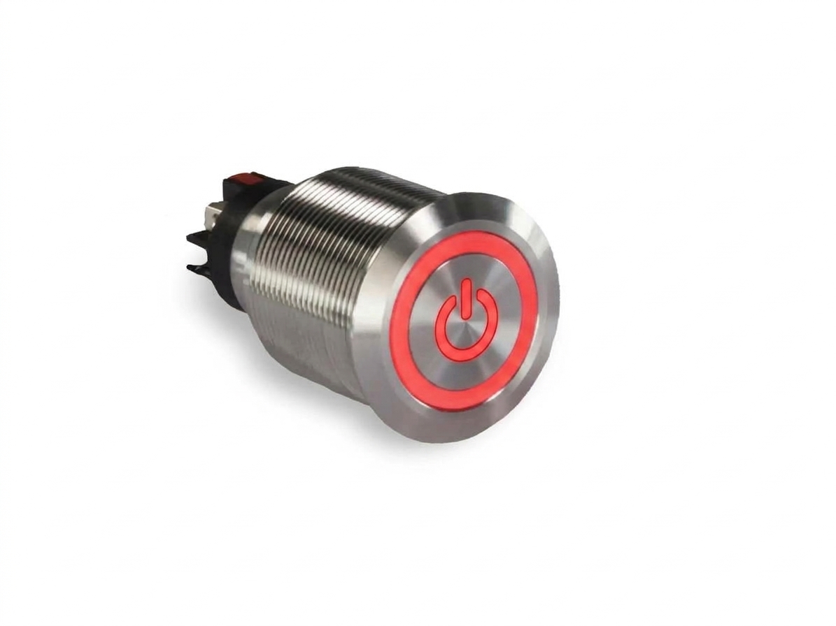 CMI40 25mm Edelstahl Schalter (rastend) Flach, Standby Symbol mit Ringbeleuchtung Rot