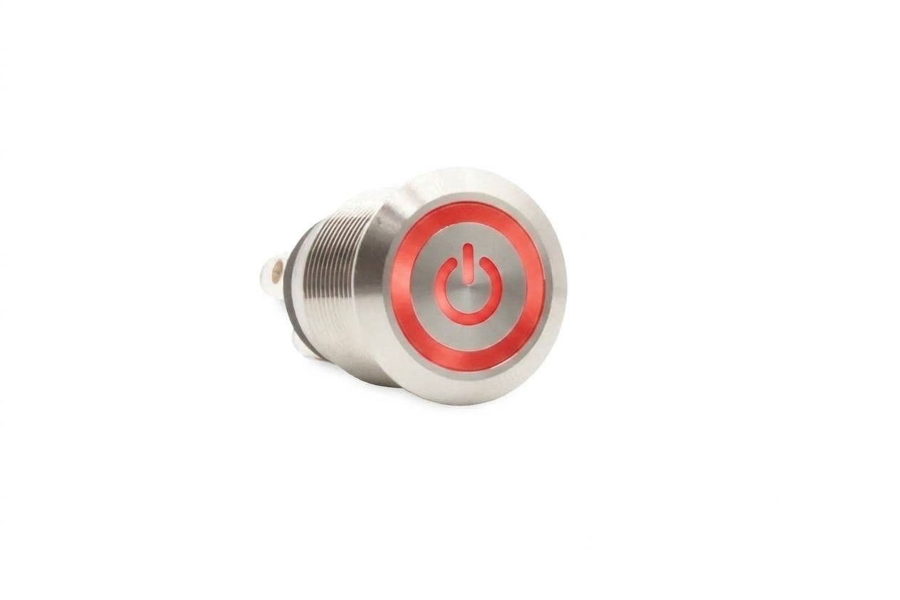 CMI02 19mm Taster Edelstahl Flach, Standby Symbol mit Ringbeleuchtung Rot