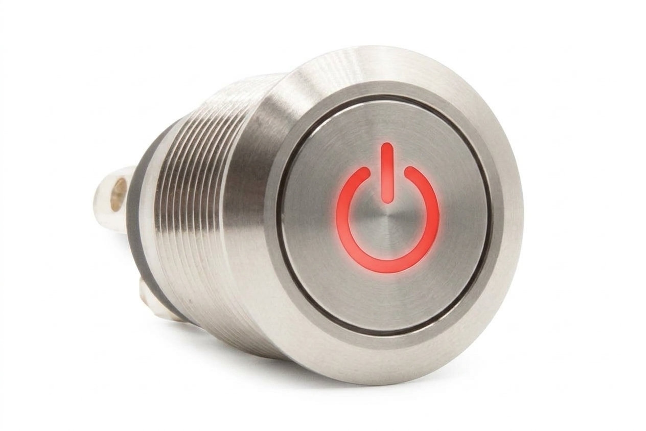 CMI02 19mm Taster Edelstahl Flach, Standby Symbolbeleuchtung Rot