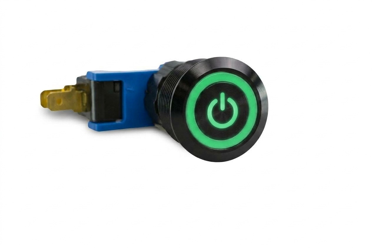 CMI27 19mm Schalter (rastend) Aluminium Flach, Standby Symbol mit Ringbeleuchtung Grün