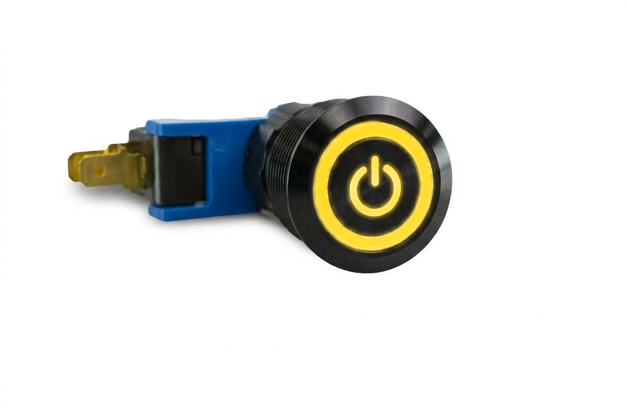 CMI27 19mm Schalter (rastend) Aluminium Flach, Standby Symbol mit Ringbeleuchtung Gelb