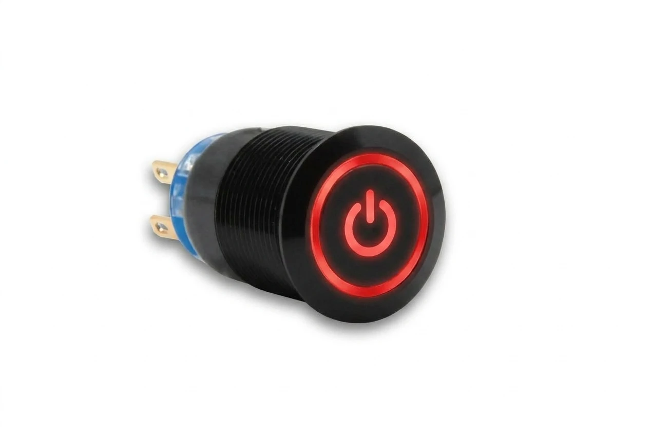 CMI19 19mm Aluminium Schalter (rastend) Flach, Standby Symbol mit Ringbeleuchtung 