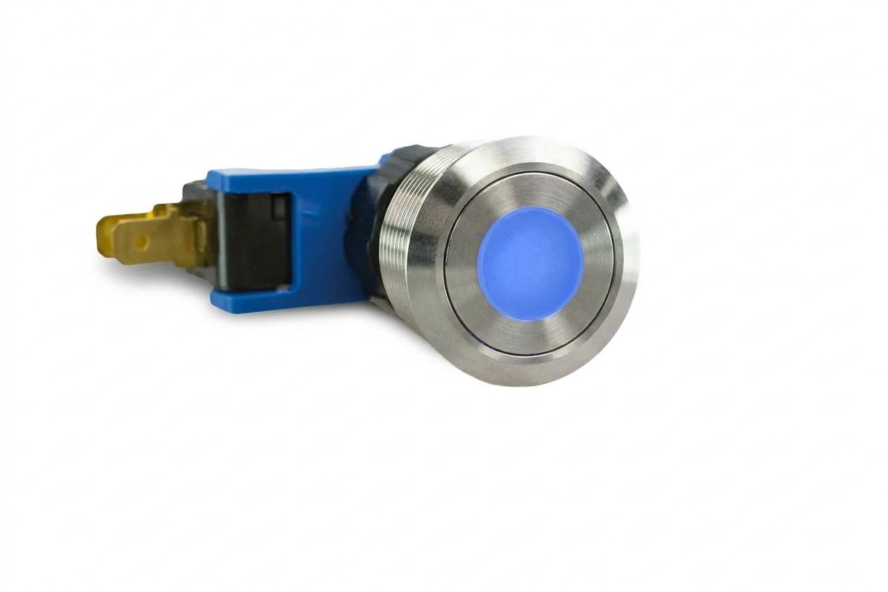 CMI27 19mm Schalter (rastend) Edelstahl Flach, Punktbeleuchtung Blau