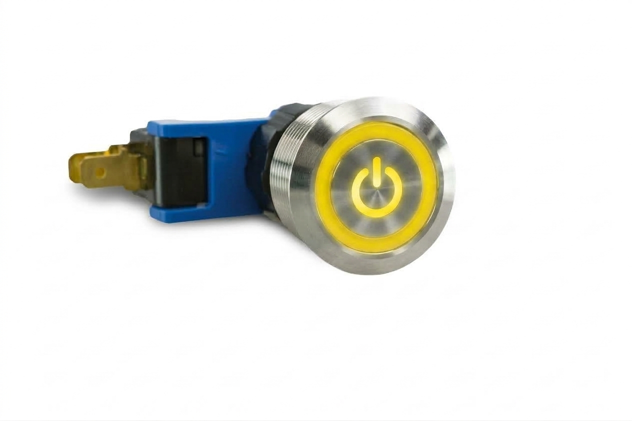 CMI27 19mm Schalter (rastend) Edelstahl Flach, Standby Symbol mit Ringbeleuchtung Gelb