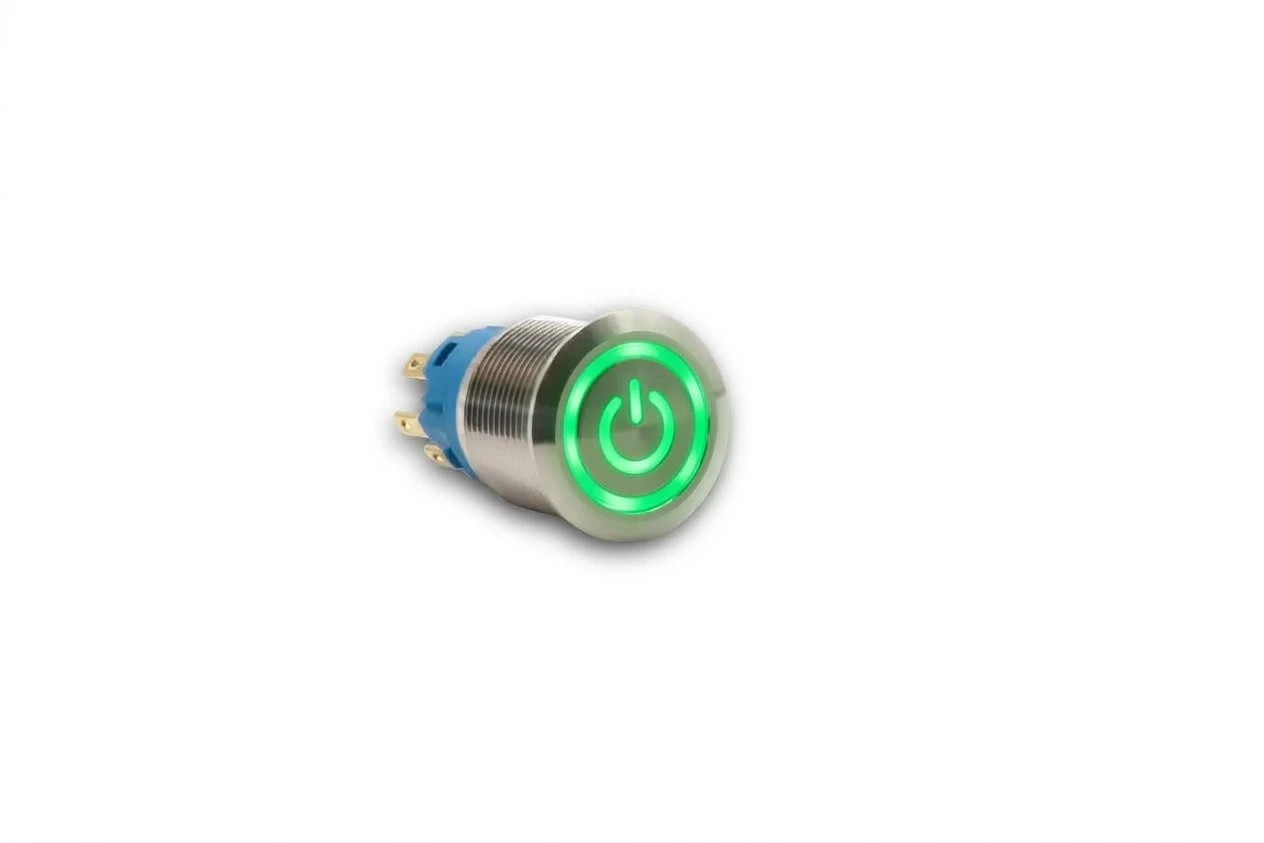 CMI19 19mm Edelstahl Schalter (rastend) Flach, Standby Symbol mit Ringbeleuchtung 