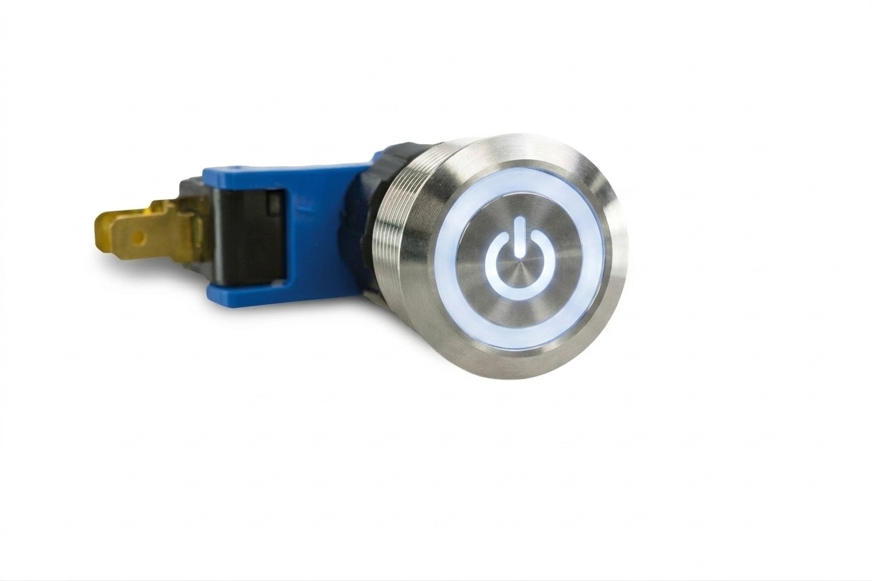 CMI27 19mm Schalter (rastend) Edelstahl Flach, Standby Symbol mit Ringbeleuchtung Weiss