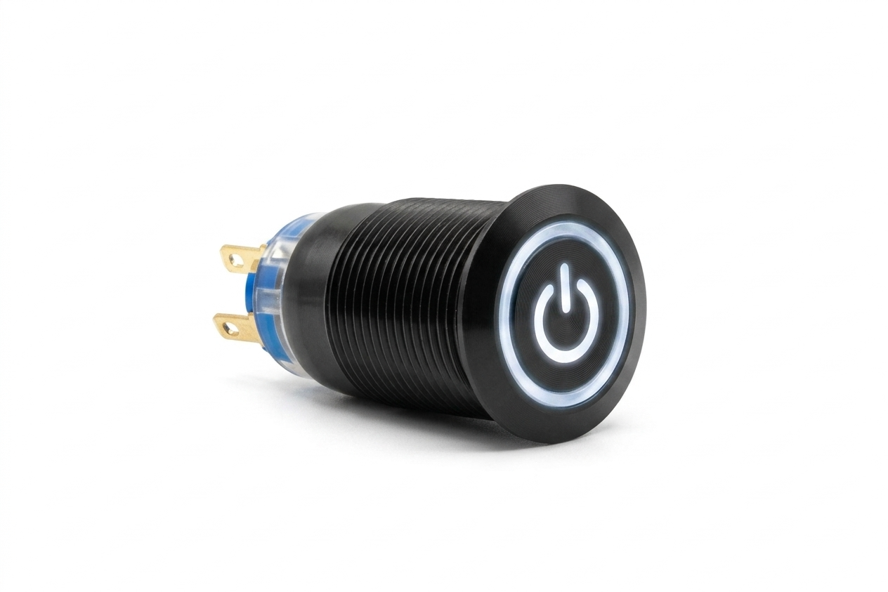 CMI19 19mm Aluminium Schalter (rastend) Flach, Standby Symbol mit Ringbeleuchtung 
