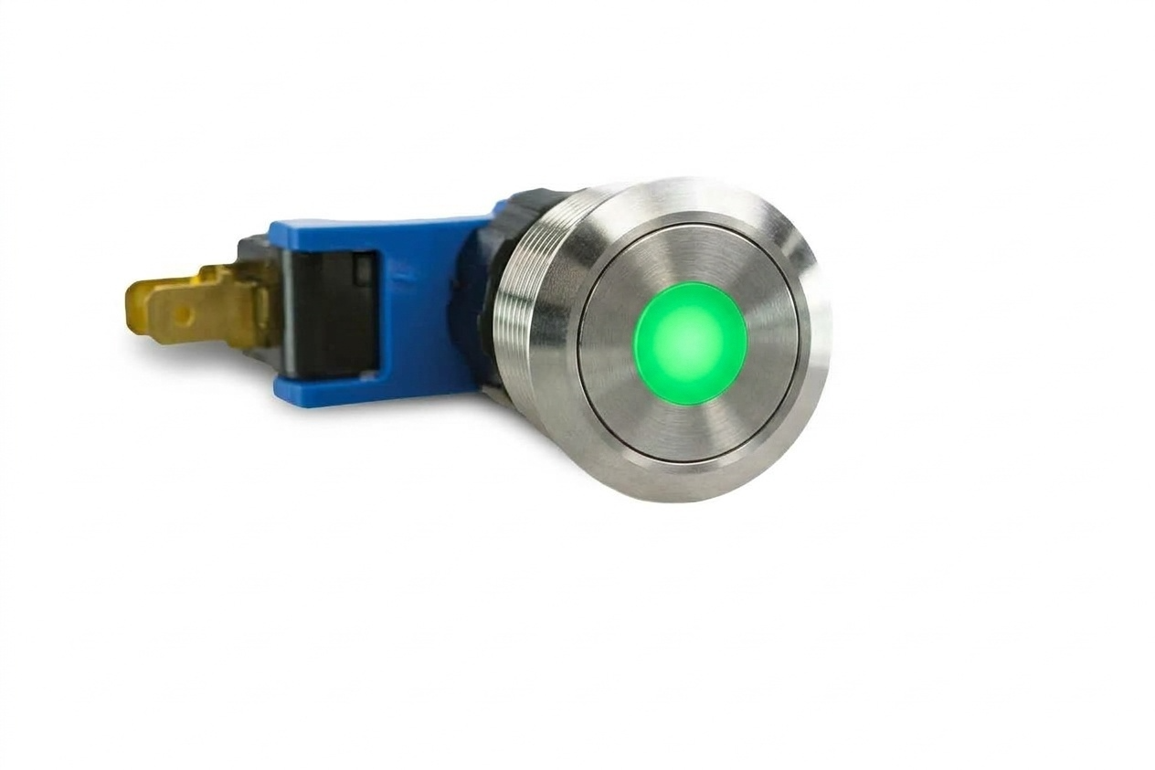 CMI27 19mm Schalter (rastend) Edelstahl Flach, Punktbeleuchtung Grün