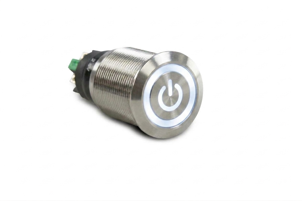 CMI35 22mm Edelstahl Schalter (rastend) Flach, Standby Symbol mit Ringbeleuchtung Weiss