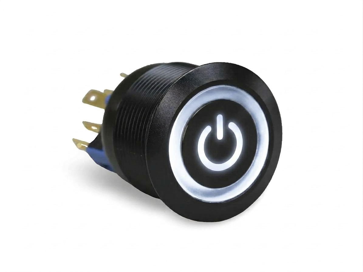 CMI35 22mm Aluminium Taster Flach, Standby Symbol mit Ringbeleuchtung Weiss
