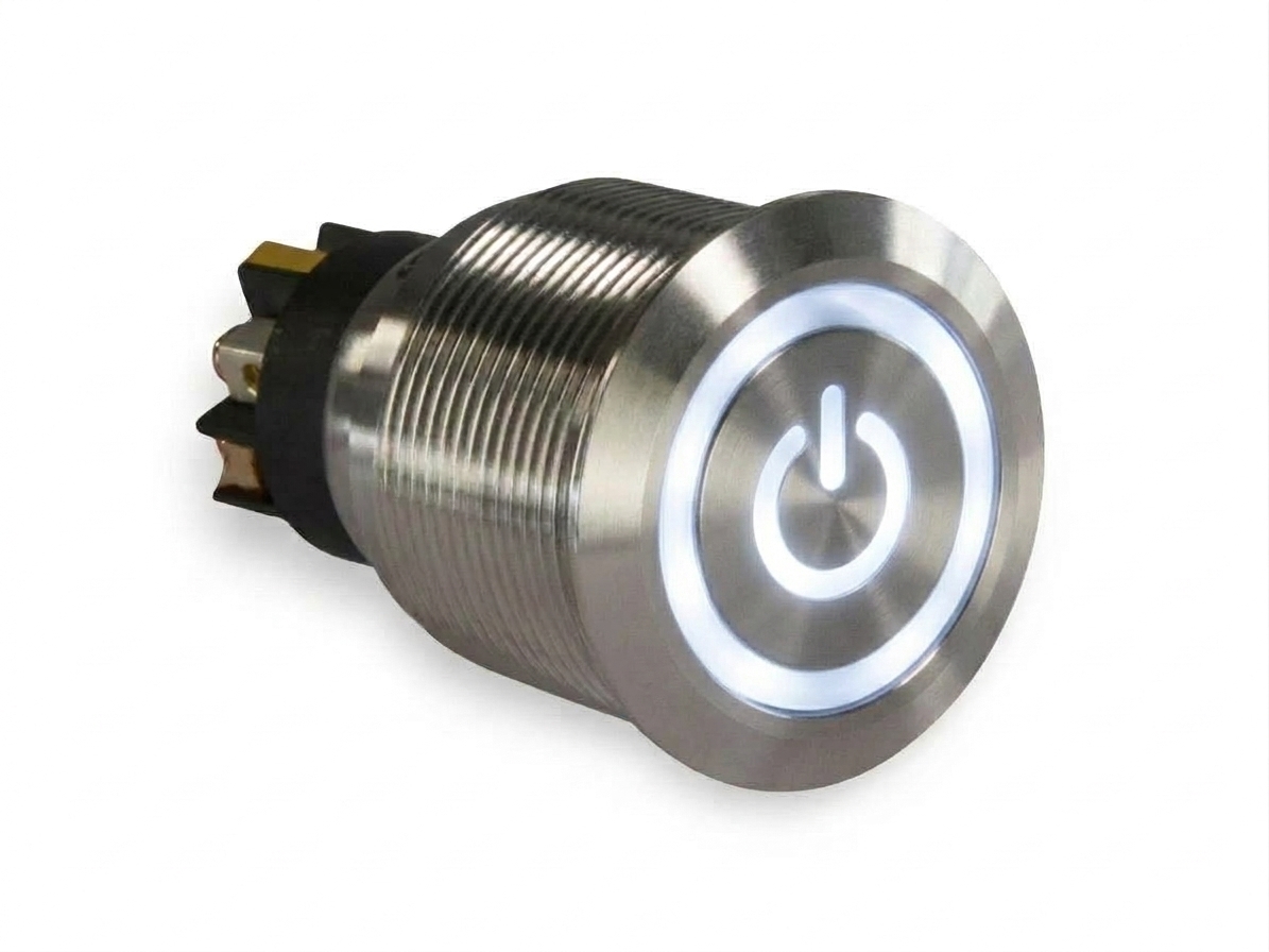 CMI40 25mm Edelstahl Schalter (rastend) Flach, Standby Symbol mit Ringbeleuchtung Weiss