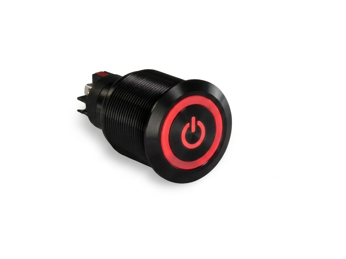 CMI40 25mm Aluminium Schalter (rastend) Flach, Standby Symbol mit Ringbeleuchtung Rot