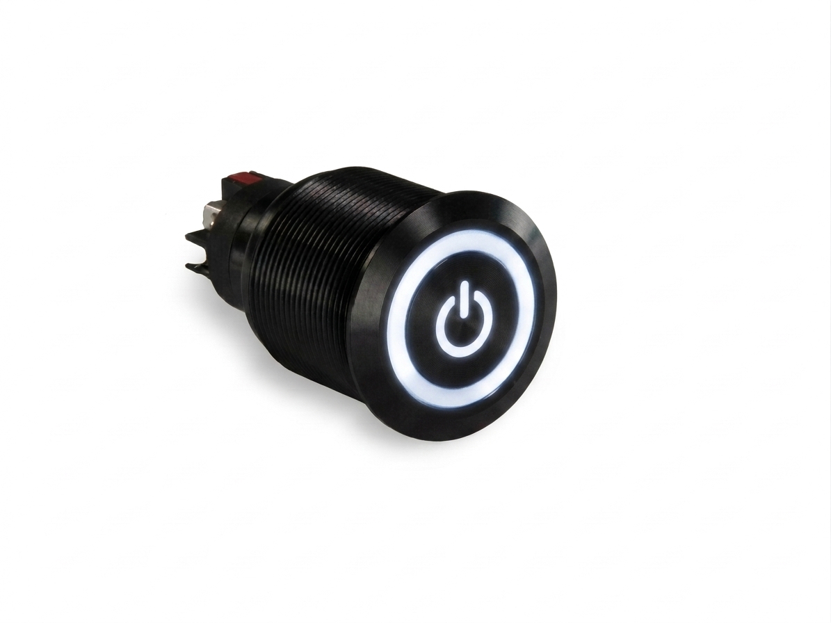 CMI40 25mm Aluminium Schalter (rastend) Flach, Standby Symbol mit Ringbeleuchtung Weiss
