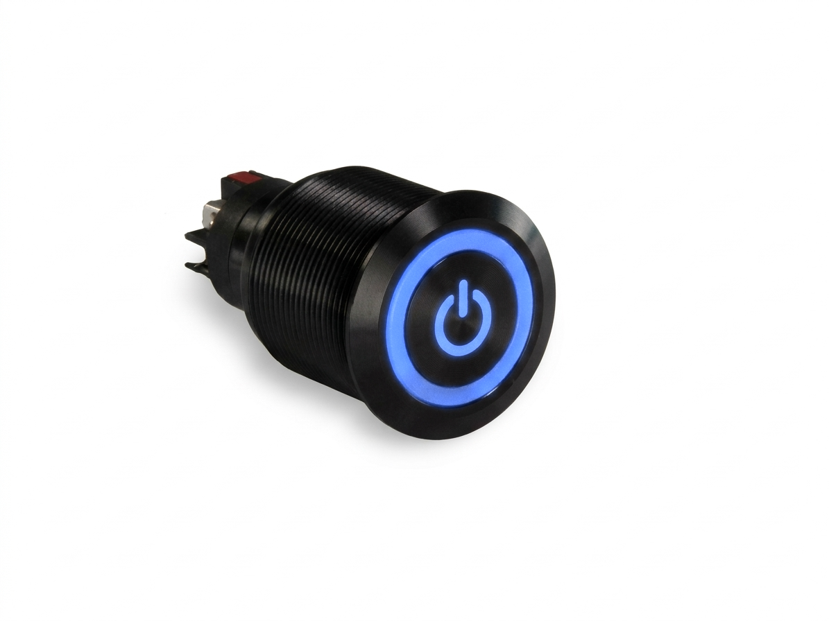 CMI40 25mm Aluminium Schalter (rastend) Flach, Standby Symbol mit Ringbeleuchtung Blau