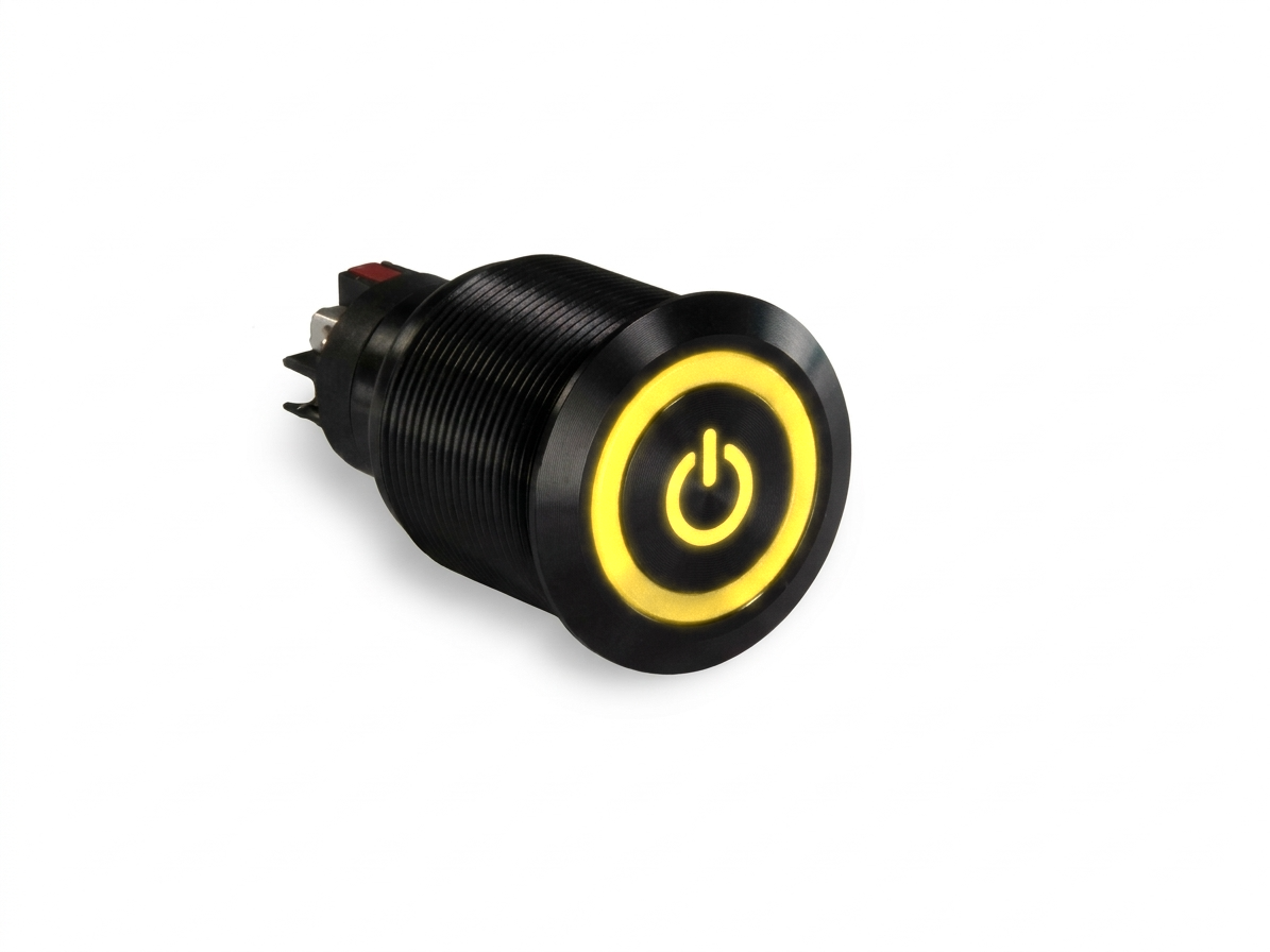 CMI40 25mm Aluminium Schalter (rastend) Flach, Standby Symbol mit Ringbeleuchtung Gelb