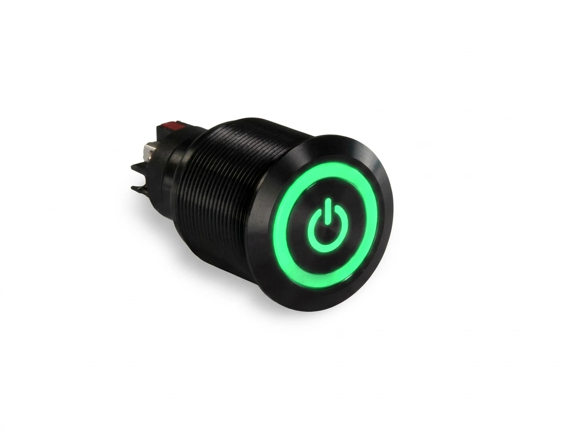 CMI40 25mm Aluminium Schalter (rastend) Flach, Standby Symbol mit Ringbeleuchtung Grün/Rot bipolar