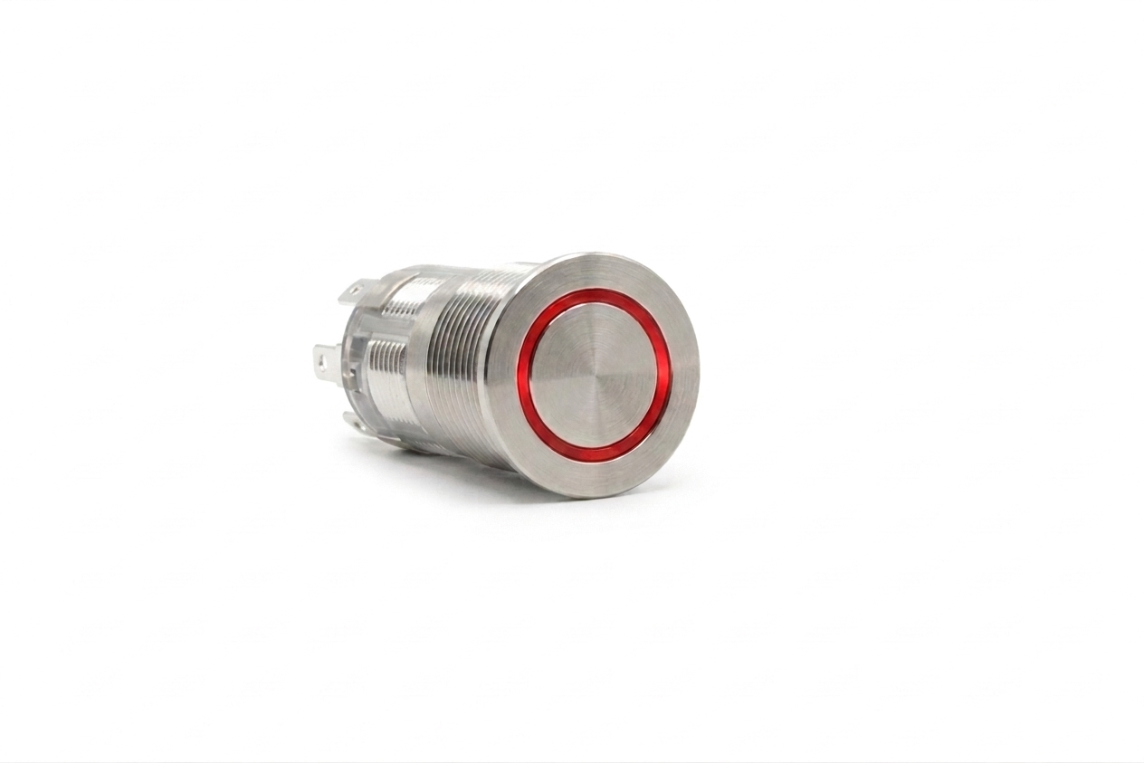 CMI16 16mm Edelstahl Schalter (rastend) Flach, Ringbeleuchtung Rot