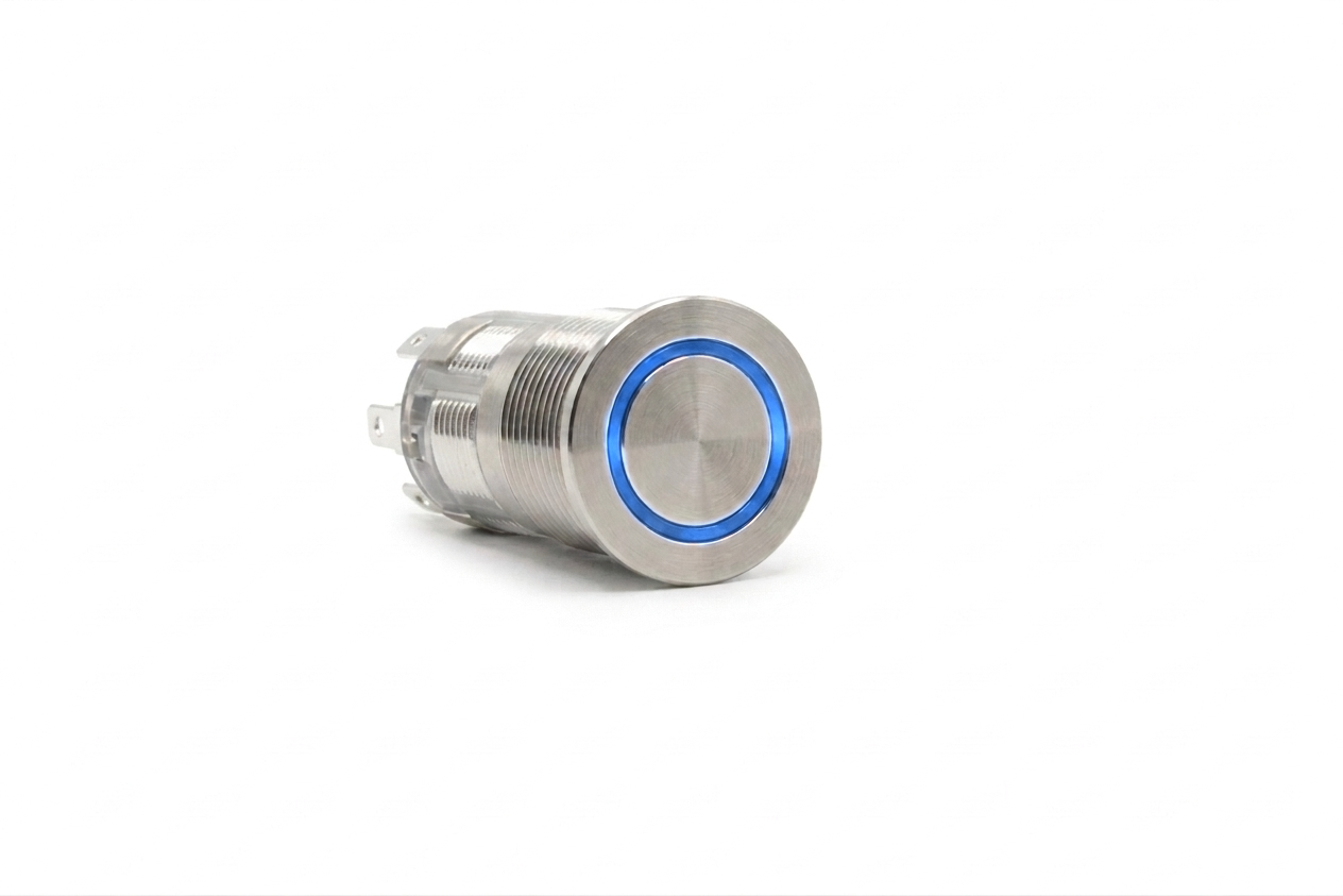 CMI16 16mm Edelstahl Schalter (rastend) Flach, Ringbeleuchtung Blau