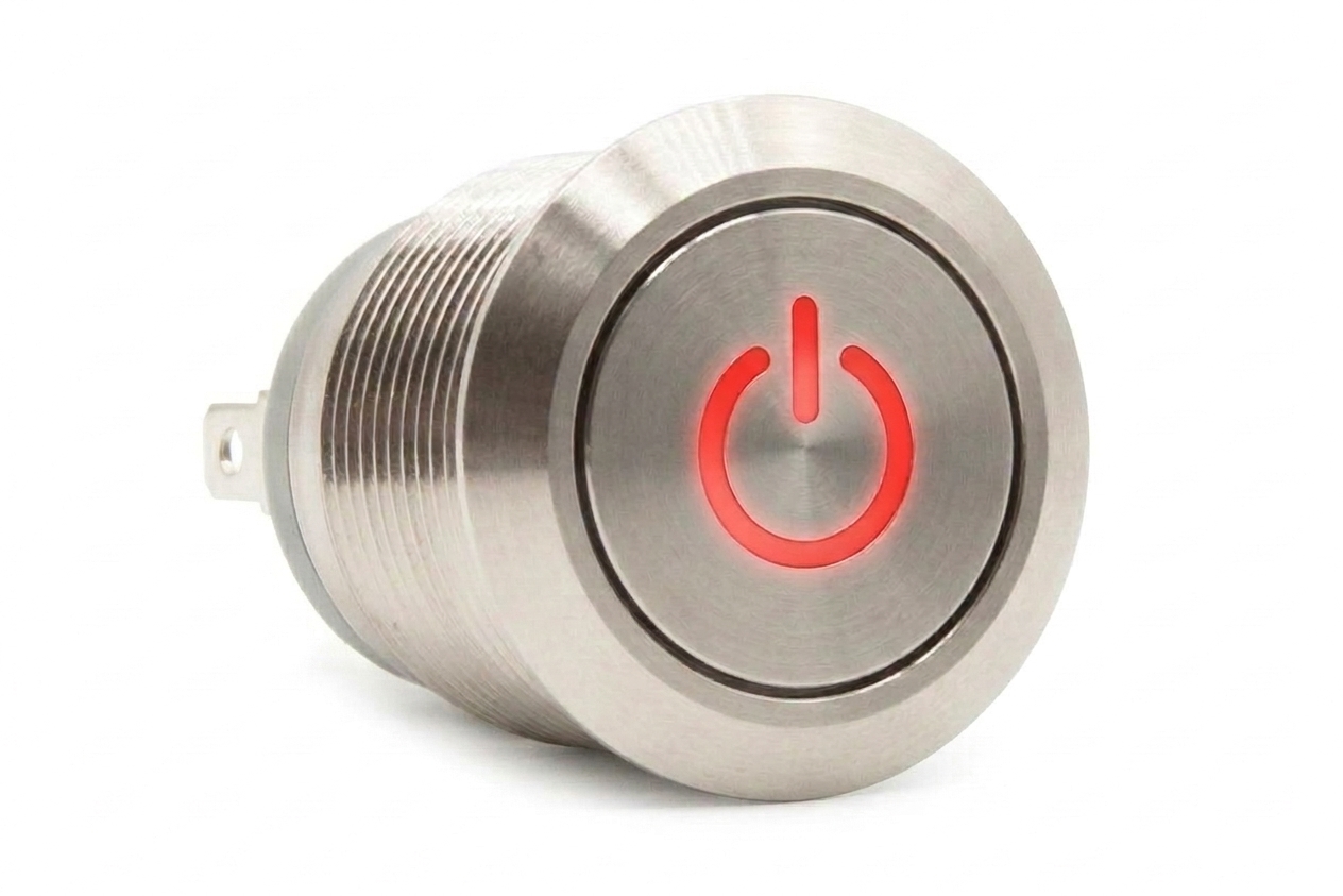 CMI02 19mm Taster Edelstahl Flach, Standby Symbolbeleuchtung Rot