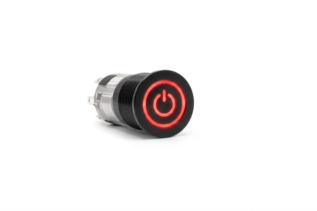 CMI16 16mm Aluminium Schalter (rastend) Flach, Standby Symbol mit Ringbeleuchtung Rot