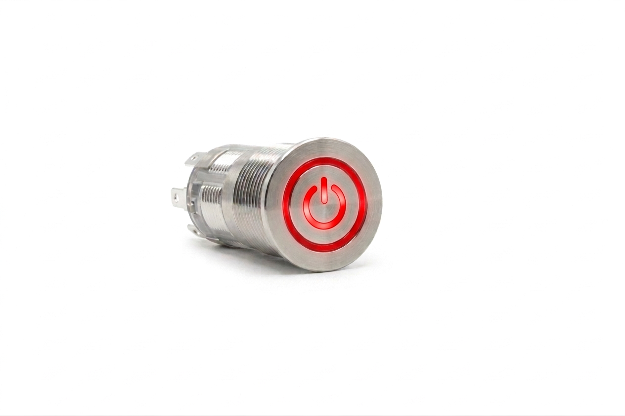 CMI16 16mm Edelstahl Schalter (rastend) Flach, Standby Symbol mit Ringbeleuchtung Rot
