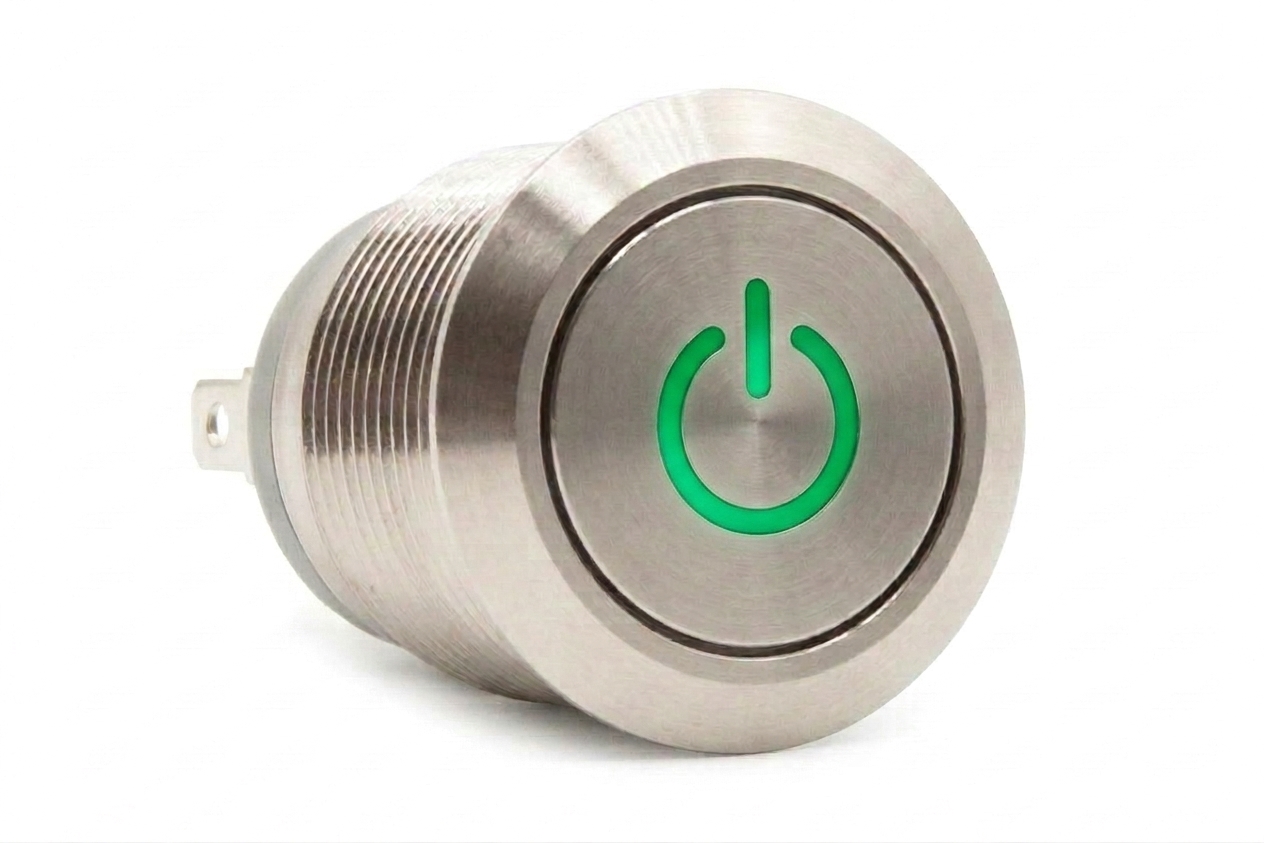 CMI02 19mm Taster Edelstahl Flach, Standby Symbolbeleuchtung Grün
