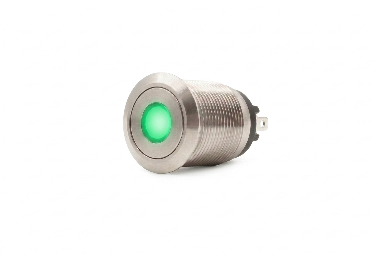 CMI02 19mm Taster Edelstahl Flach, Punktbeleuchtung Grün