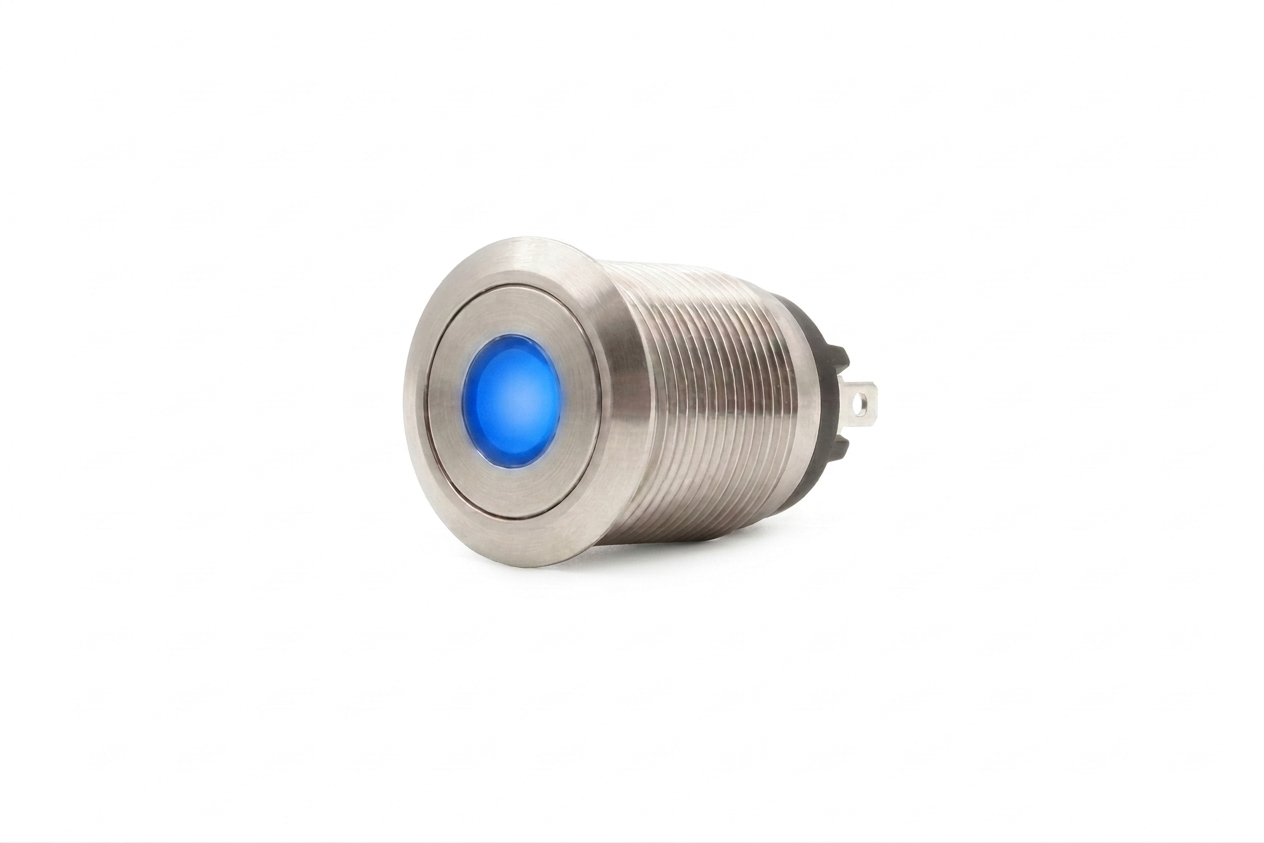 CMI02 19mm Taster Edelstahl Flach, Punktbeleuchtung Blau