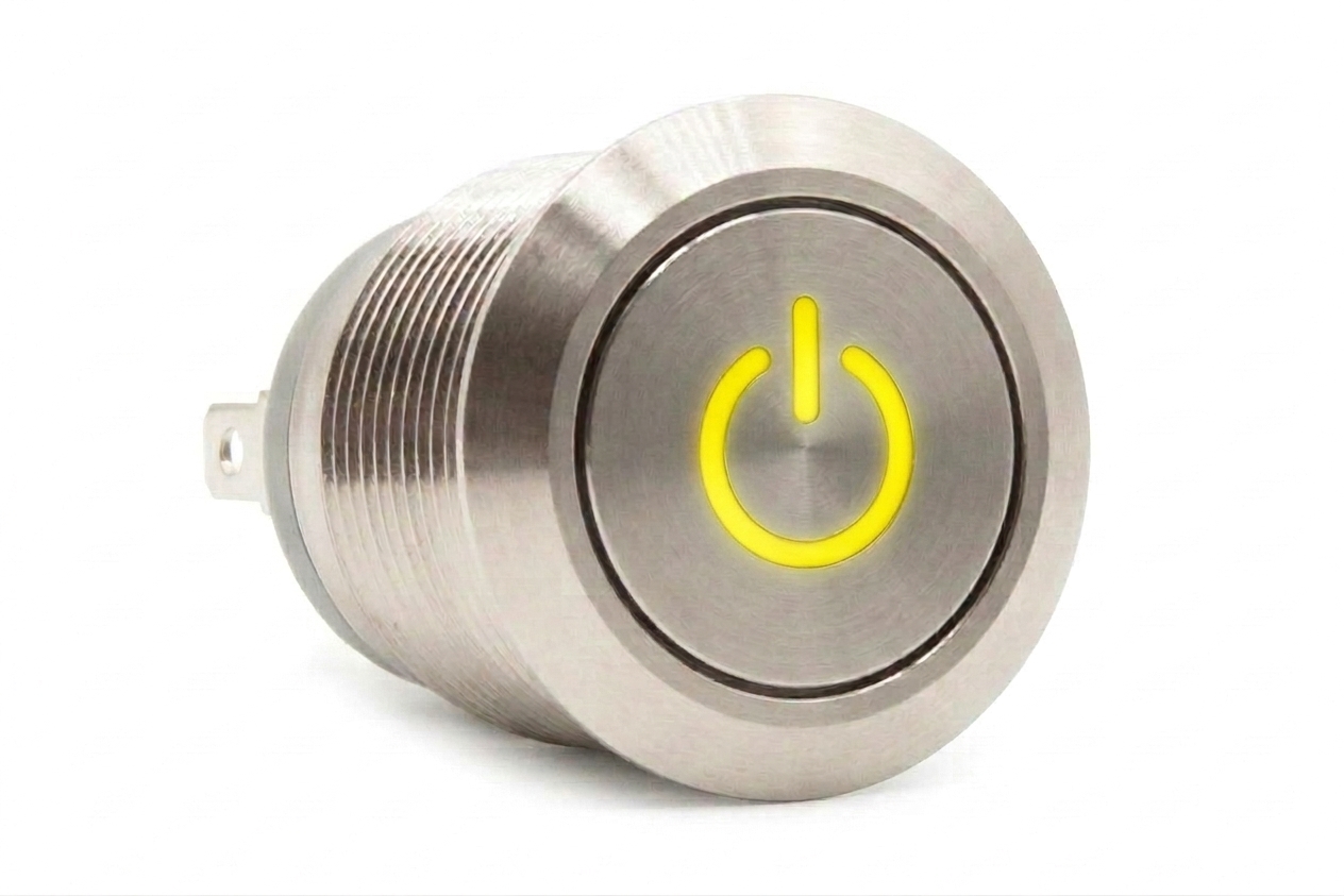 CMI02 19mm Taster Edelstahl Flach, Standby Symbolbeleuchtung Gelb